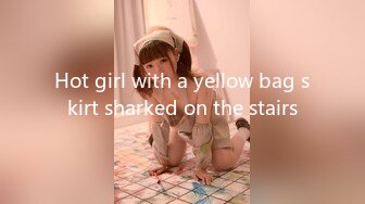 Hot girl with a yellow bag skirt sharked on the stairs